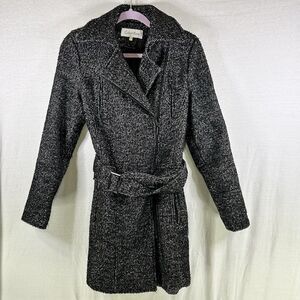 CALVIN KLEIN Wool Blend Black and White Tweed Belted Coat Women's Size 6